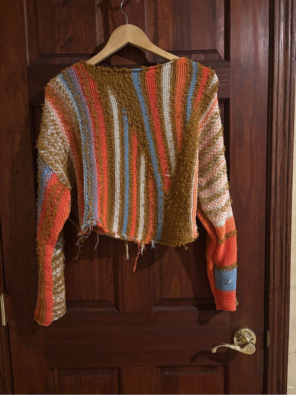 Striped Knit Cropped Sweater in Mustard, Orange & Blue - Picture 2 of 2